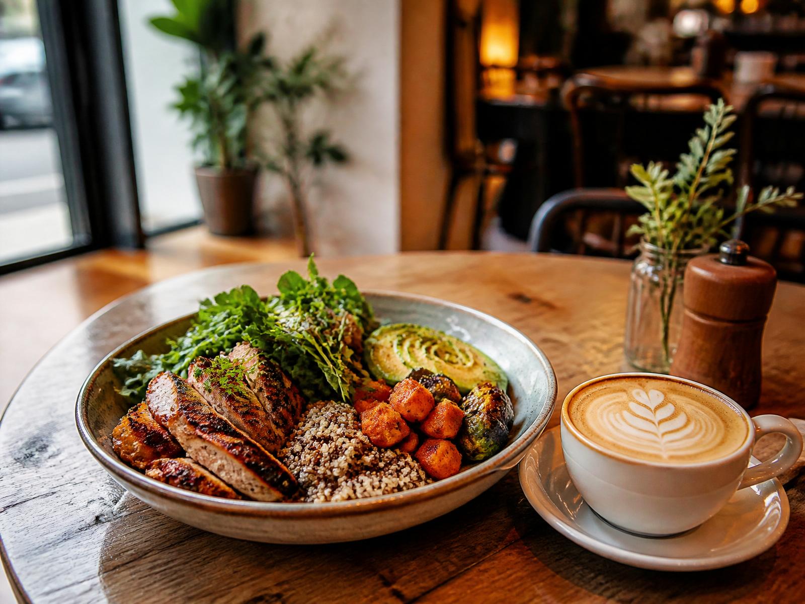 Charcoal chicken bowl and latte at Elicious Café