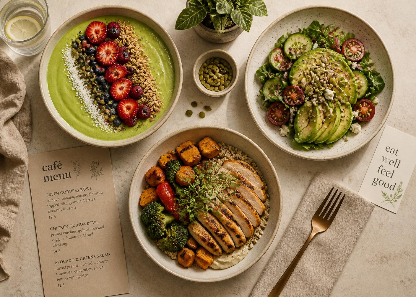 Selection of Elicious Café bowls and smoothies